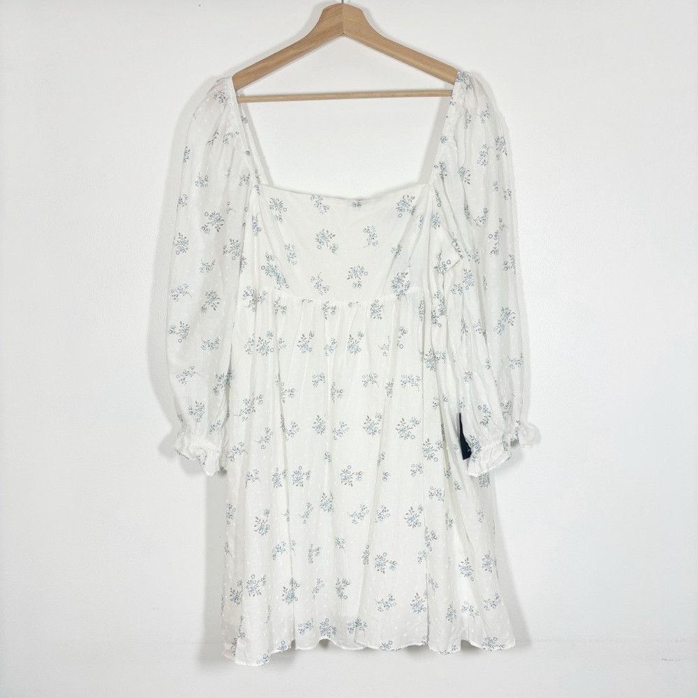 NWT Lulus Floral Puff Sleeves Dress Square Neck White Blue Sz XL